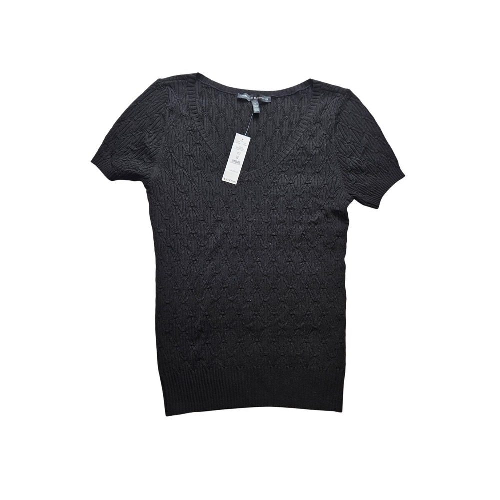 White House Black Market Black Stitchy V-Neck Short Sleeve Sweater M 570292151